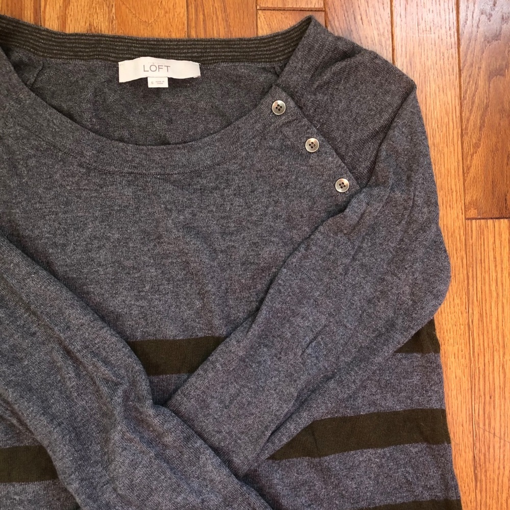 Loft Green Grey Striped Sweater with Button Detail